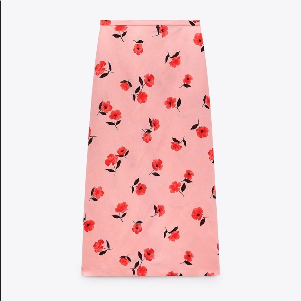 Zara Printed Linen Blend Midi Skirt Floral